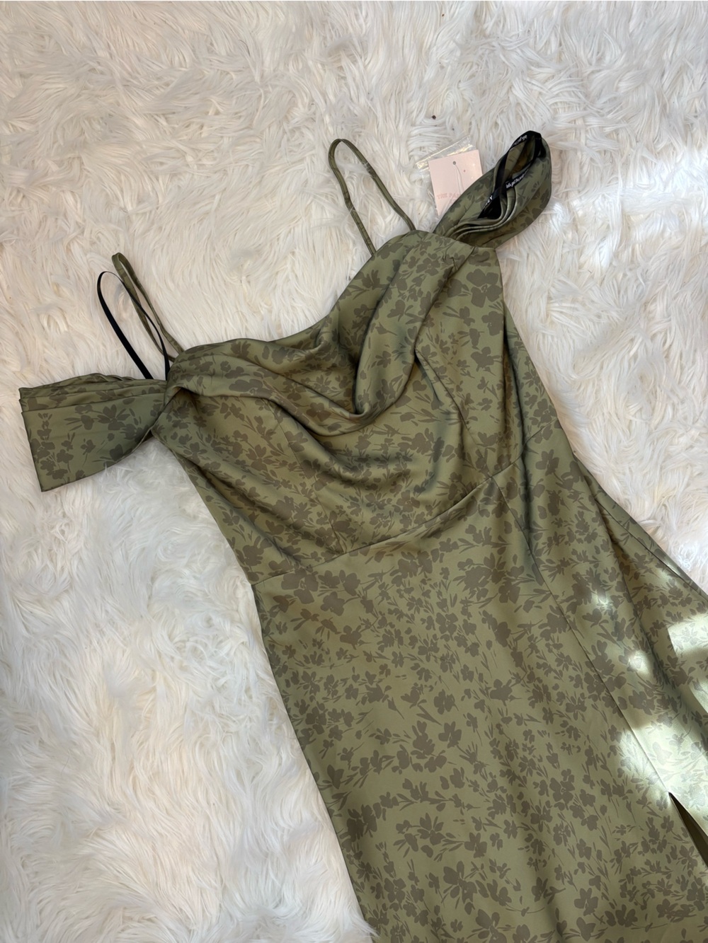 Birdy Grey Olive Floral Satin Slip Dress with Cowl Neck